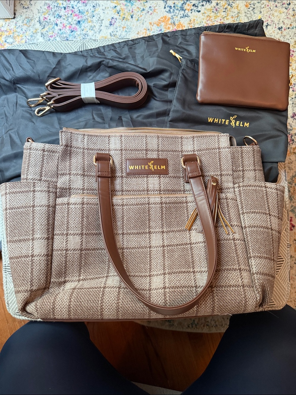 White Elm Brown Plaid Gemini XL Tote with Removable Strap